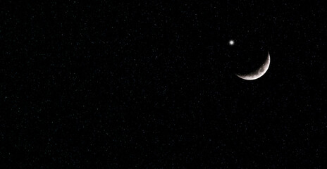 Obraz na płótnie Canvas Ramadan sky Crescent Moon Star Islam Sunset Night Background, Dark Blue Galaxy Cloud Evening 