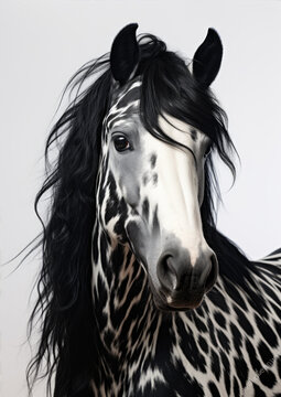 Black white horse head portrait.