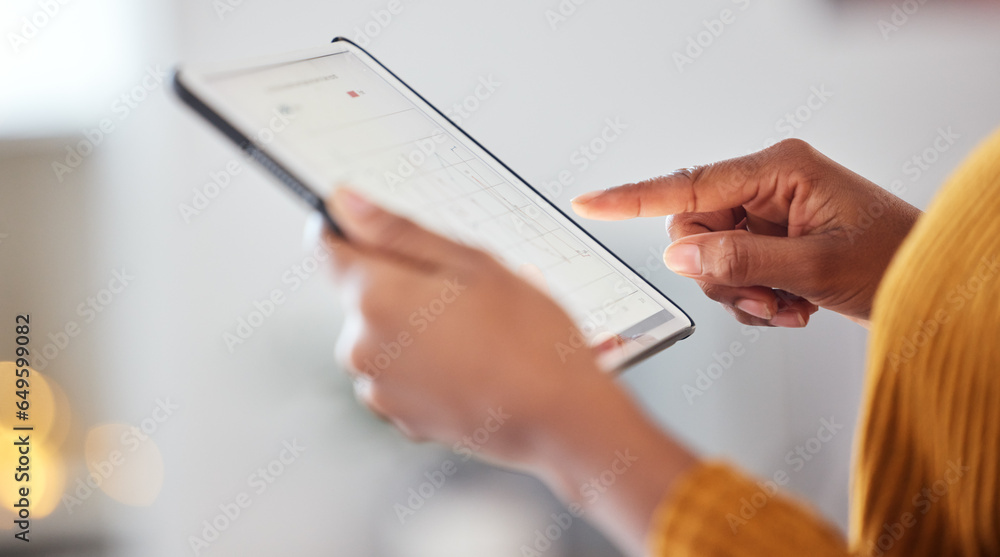 Poster tablet, hands and woman with data analysis, connection and information for digital marketing with bo
