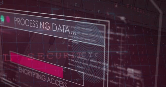 Animation of fingerprint scaner and security padlock icon against cyber security data processing