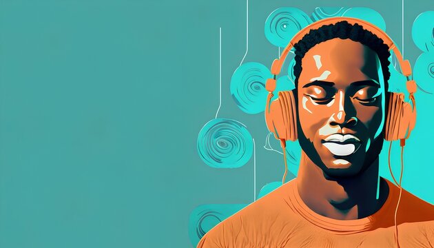 Vector of a man listening to music with his headphones on against a teal background