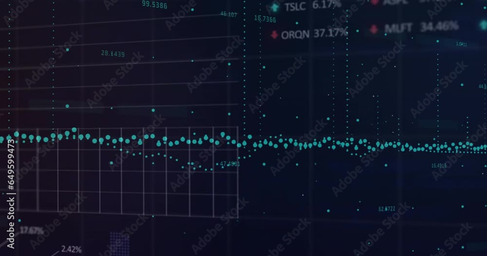 Poster animation of statistical and stock market data processing against blue background