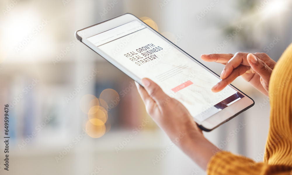 Poster planning, screen and hands with a website on a tablet for the internet, connection or seo business. 
