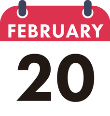 February 20 Calendar Icon. Flat style. Date, day and month.