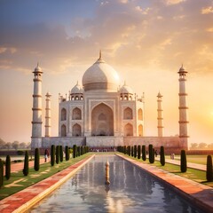 taj mahal at sunset,Panoramic view of Taj Mahal at sunset.