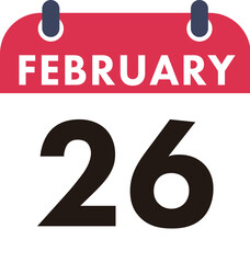 February 26 Calendar Icon. Flat style. Date, day and month.