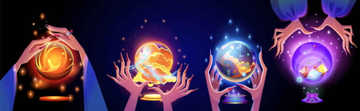 Magic glowing fortune glass ball in female hands of diviner, magician or witch. Luminous orb during witchcraft and prediction of future. Cartoon vector illustration set of esoteric oracle shpere.