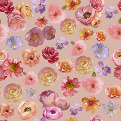 Seamless illustration of flowers, peonies. Pattern with tropical peonies. For printing on T-shirts, prints, textiles, labels