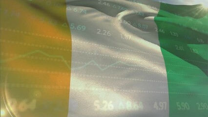 Animation of stock market data processing against waving ivory coast flag - Powered by Adobe