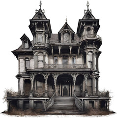 Halloween haunted house Spooky Night, Isolated on transparent background, Realistic Halloween dark house PNG illustrate.