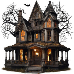 Halloween haunted house Spooky Night, Isolated on transparent background, Realistic Halloween dark house PNG illustrate.
