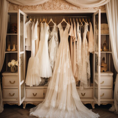 wedding dress hanging in the wardrobe