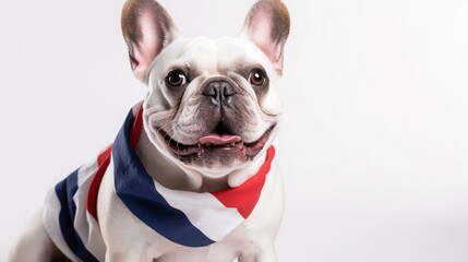 French bulldog dog wrapped in flag of France isolated on white background. French learning language school concept. Copy space.  