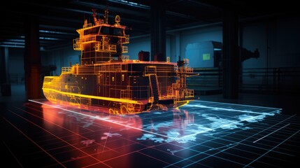 3d hologram model of a tug boat is in dark industrial interior, glowing wire-frame yellow neon lines - obrazy, fototapety, plakaty