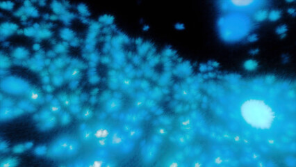 Dark background with magic dust. Motion. Orange and turquoise glitter in the animation that shimmers and glares.
