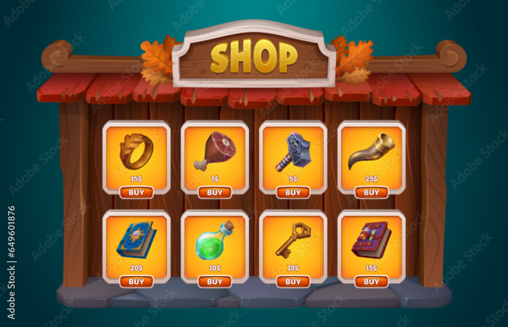 Poster fantasy game shop ui interface with buy button cartoon design. fall wood store menu frame for mobile