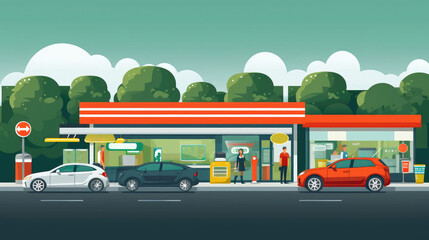 Illustration of drive-through fast food service with cars