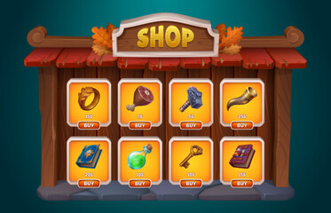 Fantasy game shop ui interface with buy button cartoon design. Fall wood store menu frame for mobile app screen for user. 2d autumn board with leaves with poison, ring, meat and key web concept.