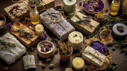 Handmade natural cosmetics, such as artisan soaps, bath bombs, and body scrubs. AI generated