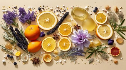 Organic skincare ingredients, such as aloe vera, lavender buds and citrus fruits. AI generated