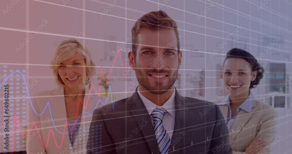 Aufkleber animation of statistical data processing over portrait of diverse businesspeople smiling at office