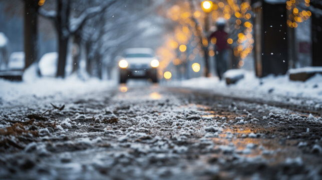Auto auf einer Stra&szlig;e  im Winter, Schnee, matschig, B&auml;ume, Allee