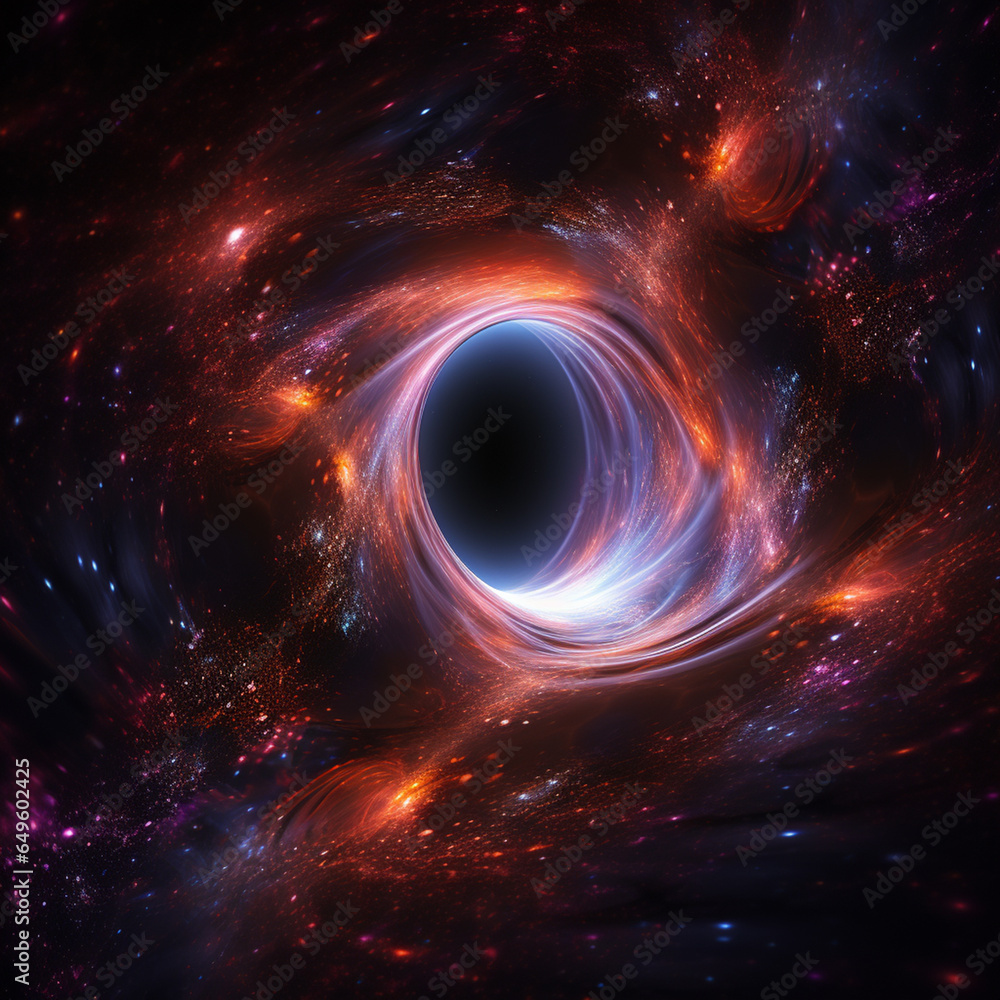 Wall mural black hole with a glowing constellation of various colors revolves around a black hole in the univer