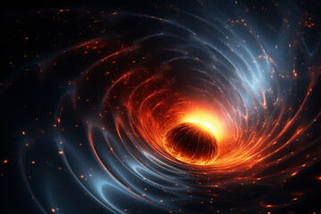 Black hole with a glowing constellation of various colors revolves around a black hole in the universe.