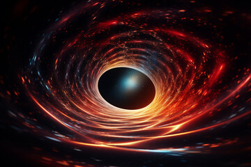 Black hole with a glowing constellation of various colors revolves around a black hole in the universe.