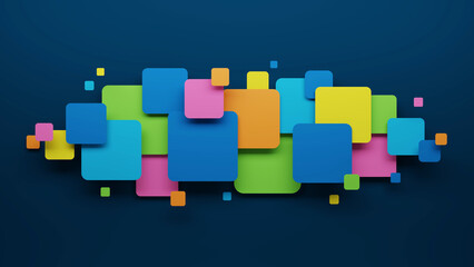 3D render of colorful overlapping squares on dark blue background