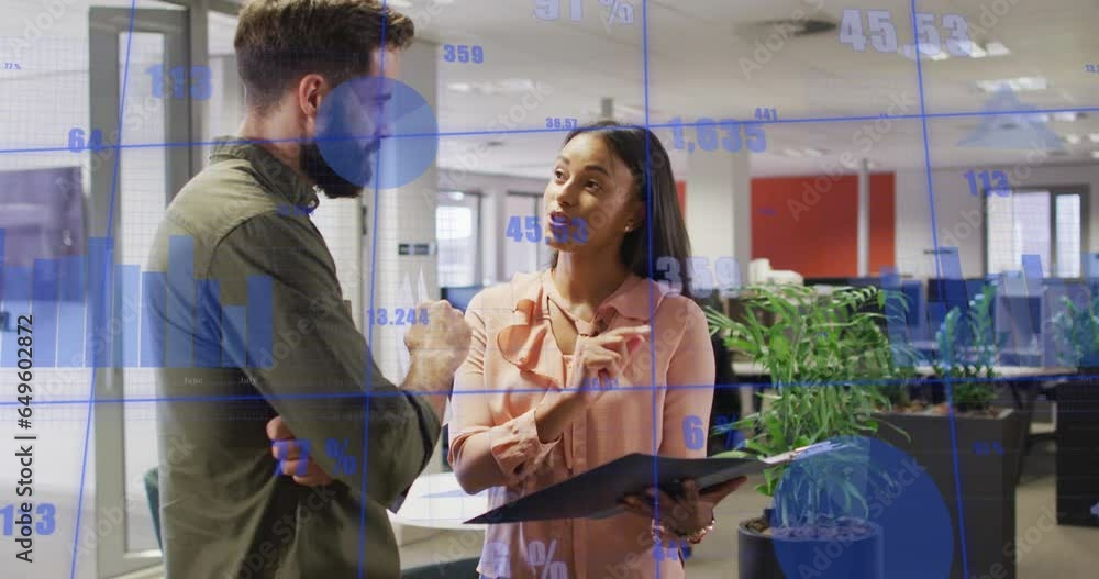 Poster animation of statistical data processing over diverse man and woman discussing over a file at office