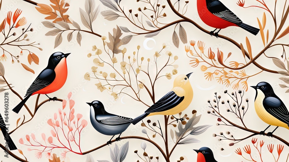 Poster a group of birds sitting on top of a tree branch. generative ai