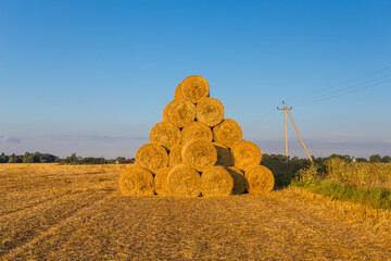 Piled hay bales on a field against blue sky