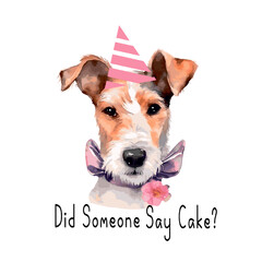 Did someone  say cake? A cute dog in a birthday cap. Fox terrier breed. For printing on print, logo, icon, print - obrazy, fototapety, plakaty