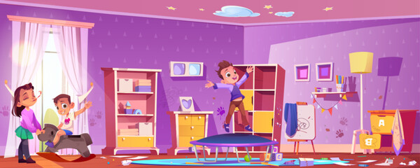 Children play and jump on trampoline in messy kids room. Cartoon vector illustration of kindergarten interior with happy hyperactive boys and girl having party and making disorder, clutter and chaos.