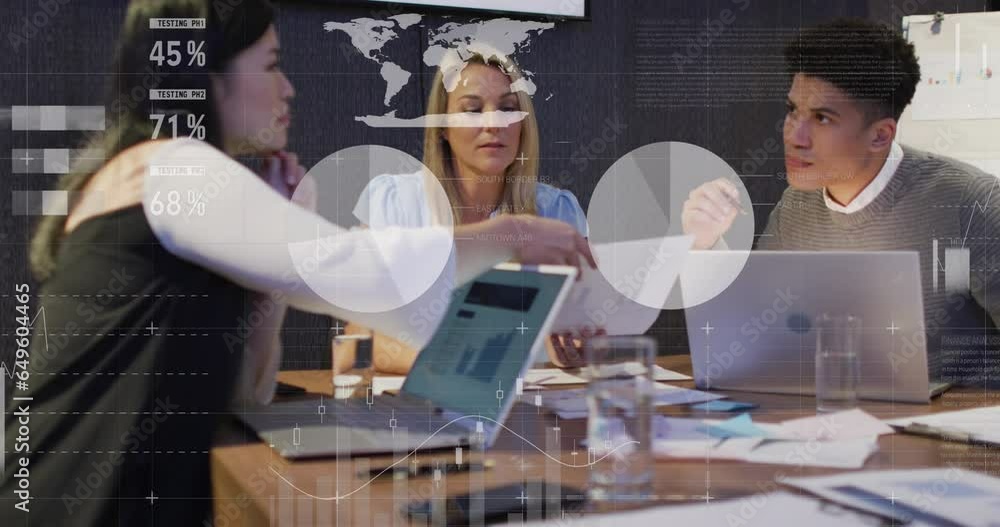 Poster animation of statistical data processing over diverse colleagues discussing over document at office