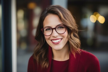 Naklejka premium Portrait of happy young woman with eyeglasses in the city