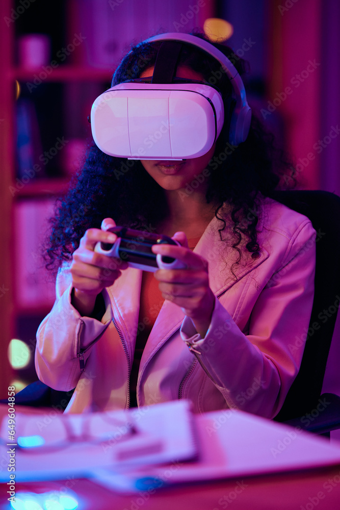 Aufkleber virtual reality, glasses and woman, gaming developer or programmer for game software and futuristic 