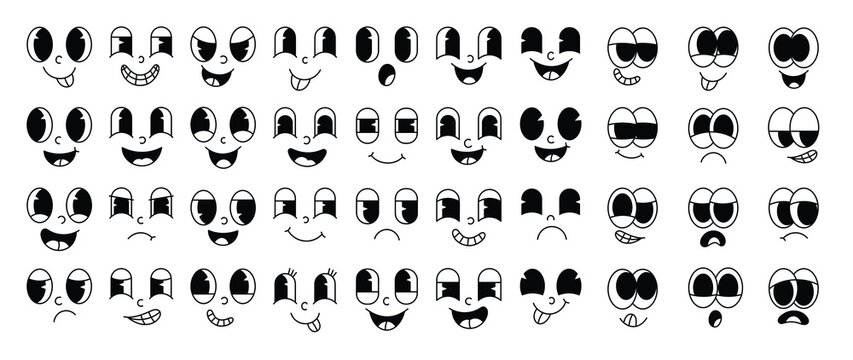 Naklejki Set of 70s groovy comic faces vector. Collection of cartoon character faces, in different emotions, happy, angry, sad, cheerful. Cute retro groovy hippie illustration for decorative, sticker.