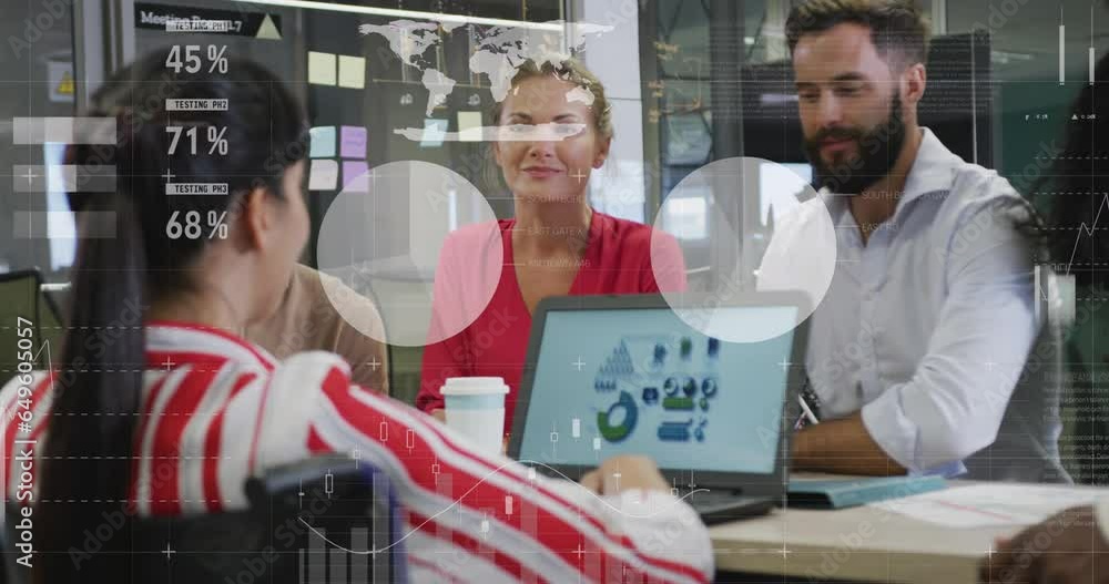 Poster animation of statistical data processing on team of diverse colleagues discussing together at office