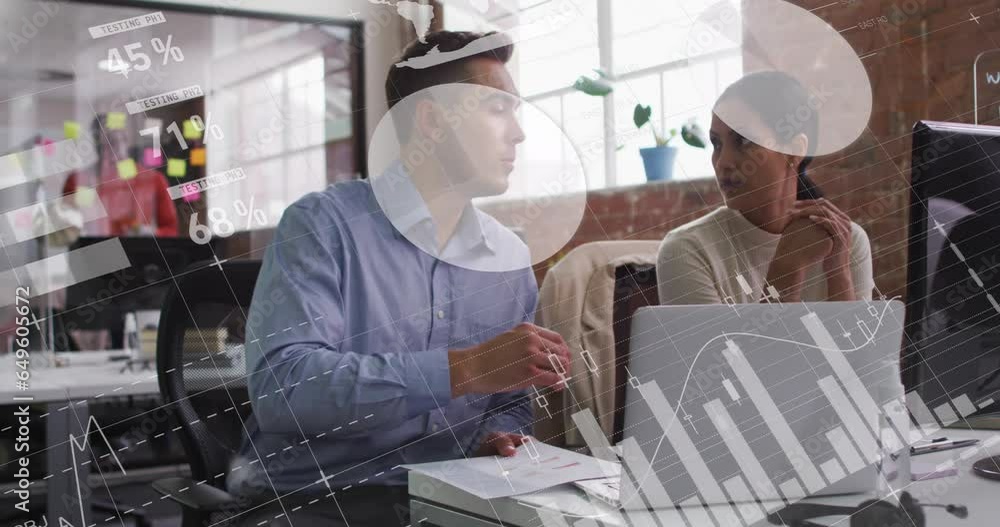 Poster animation of statistical data processing against diverse man and woman discussing at office