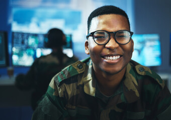 Military, surveillance and happy portrait of man in cybersecurity, control room and government...