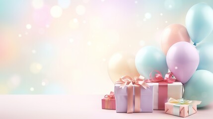 Pastel gift boxes and balloons, birthday party, holidays background, New year 2024 celebration concept, Generative ai