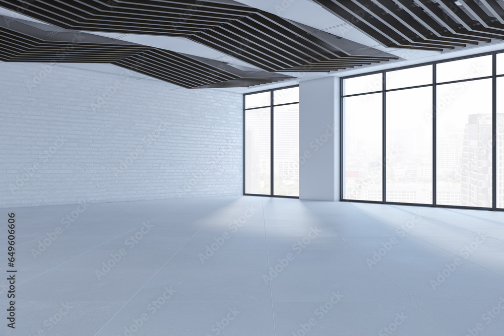 Poster contemporary empty spacious concrete interior with blank mock up place on walls, windows, city view 