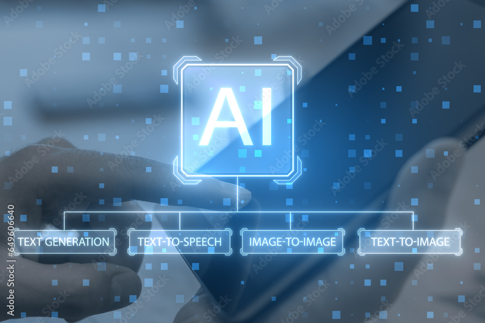 Aufkleber Close up of hand using tablet with creative AI interface on blurry background. Artificial intelligence, innovation and robotics concept. Double exposure.