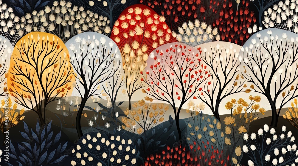 Poster a painting of a forest filled with lots of different trees. generative ai