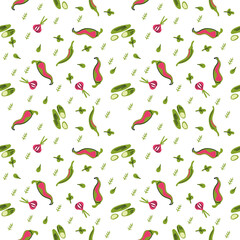 Seamless pattern hot peppers, onions