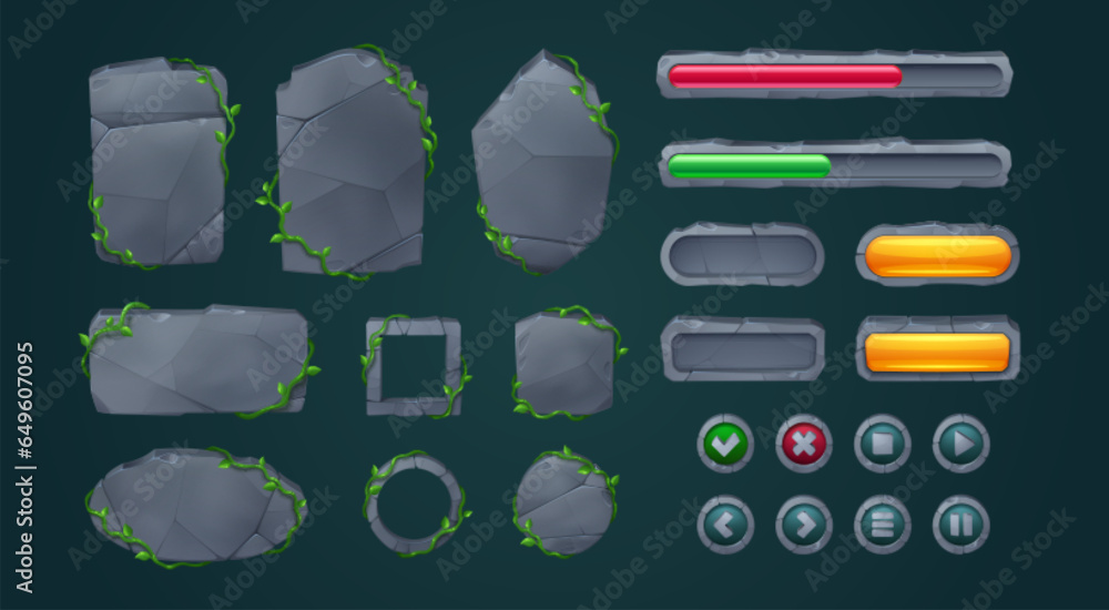 Poster stone game menu elements - cartoon rock gui boards and buttons with liana vines. cartoon vector user