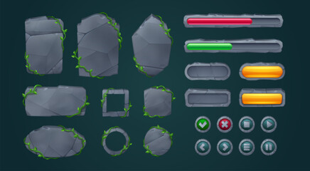 Stone game menu elements - cartoon rock gui boards and buttons with liana vines. Cartoon vector user interface frames, round and rectangular banners and level bars with stony texture and jungle plants © klyaksun