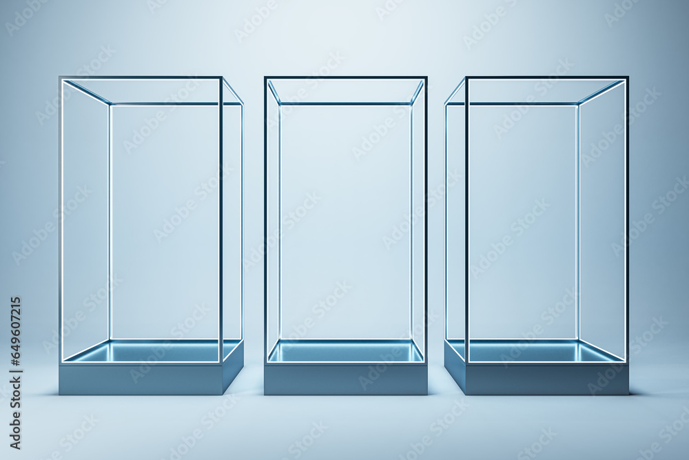 Poster creative three empty glass showcases on light background. products presentation and purchase concept